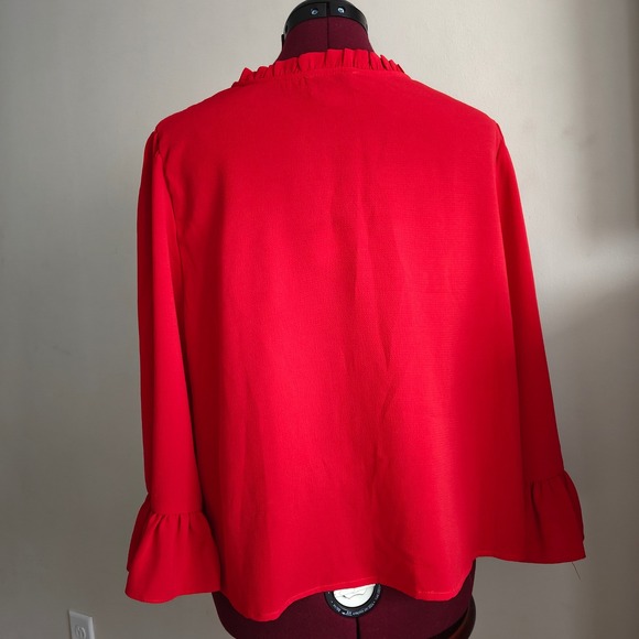 CeCe Womens V Neck Ruffle Collar Red Bell Flare Long Sleeve Holiday Blouse Large - Picture 3 of 8